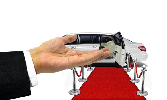 Welcome hand gesture to a white limousine