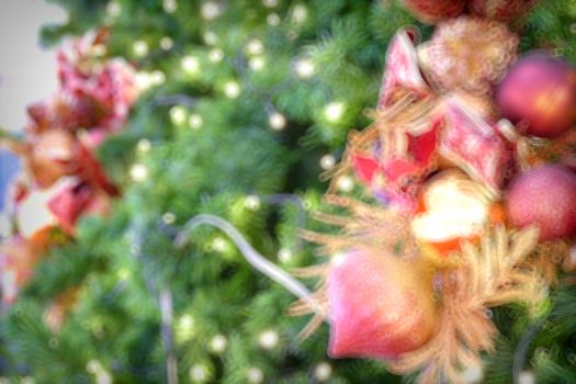 Gold Christmas background of de-focused lights with decorated tree, Christmas background 