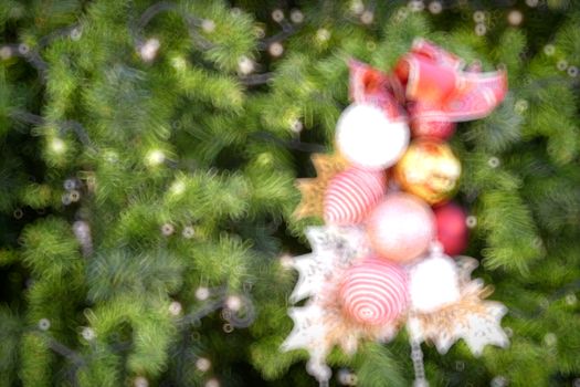 Gold Christmas background of de-focused lights with decorated tree, Christmas background 