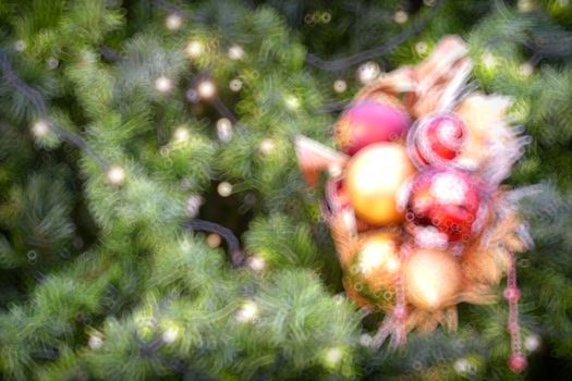 Gold Christmas background of de-focused lights with decorated tree, Christmas background 