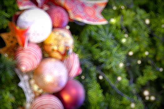 Gold Christmas background of de-focused lights with decorated tree, Christmas background 