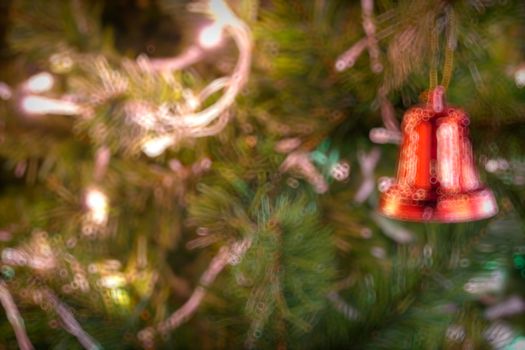 Gold Christmas background of de-focused lights with decorated tree, Christmas background 