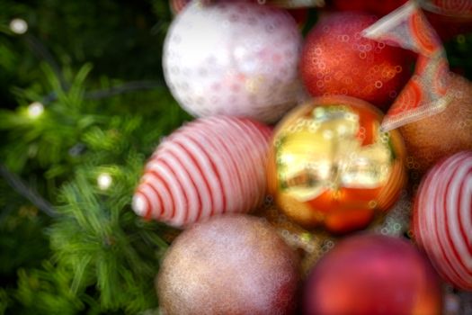 Gold Christmas background of de-focused lights with decorated tree, Christmas background 