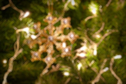 Gold Christmas background of de-focused lights with decorated tree, Christmas background 