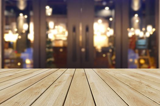 Perspective wood and bokeh light background. product display template