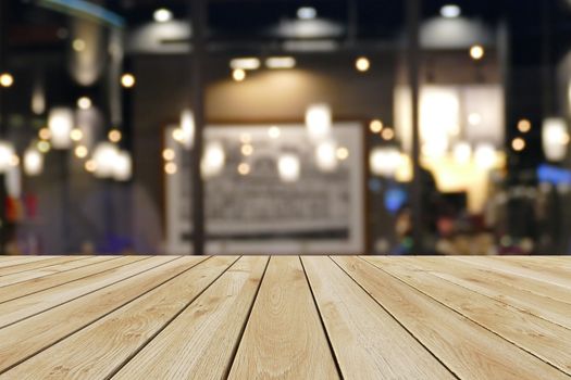 Perspective wood and bokeh light background. product display template