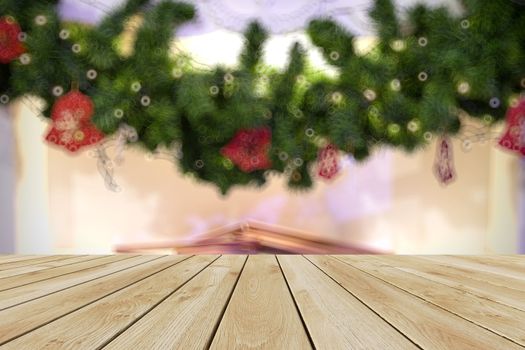 Perspective wood and bokeh light background. product display template