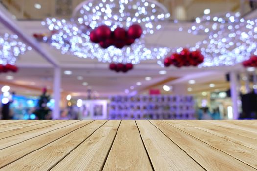 Perspective wood and bokeh light background. product display template