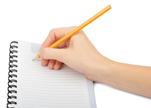 Hand writing in notebook on isolated white background