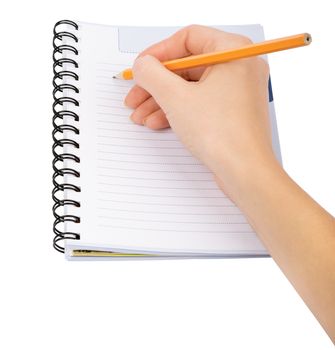 Hand writing in notebook on isolated white background