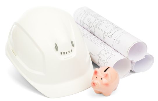 Planning of construction of house. Drawings for building house and helmet. Working drawings. piggy bank