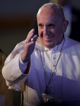  MEXICO, Mexico City: Pope Francis (C) walks next to Mexican President Enrique Pena Nieto (R) upon his arrival at Benito Juarez international airport in Mexico City on February 12, 2016. Catholic faithful flocked to the streets of Mexico City to greet Pope Francis on Friday after the pontiff held a historic meeting with the head of the Russian Orthodox Church in Cuba.