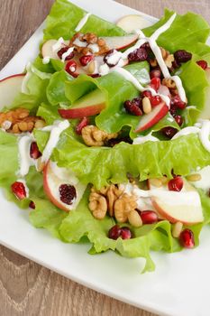 Salad of apples, cranberries , pomegranate, pine nuts and walnuts dressed with yogurt  