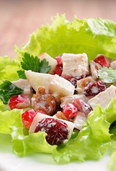 Salad with chicken, pomegranate, cranberries, walnuts seasoned in milk sauce lettuce leaves