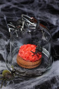 Biscuits with marzipan in the form of the brain under a glass bell and spiders