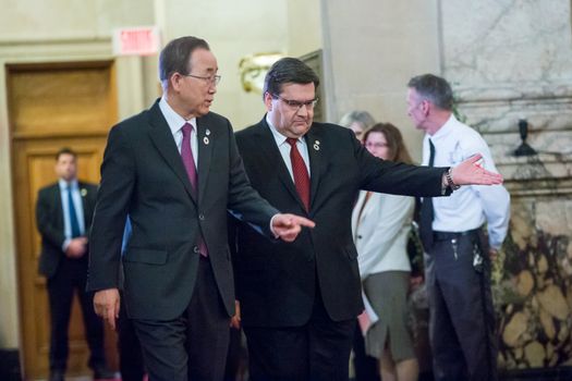 CANADA, Montreal: UN Secretary-General Ban Ki-moon is welcomed in Montreal by the mayor Denis Coderre, on February 12, 2016. Ban welcomed a plan to cease hostilities in war-wracked Syria that would allow humanitarian aid to reach tens of thousands clinging to life.