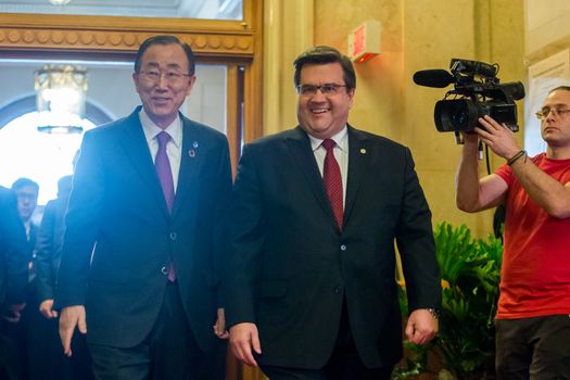 CANADA, Montreal: UN Secretary-General Ban Ki-moon is welcomed in Montreal by the mayor Denis Coderre, on February 12, 2016. Ban welcomed a plan to cease hostilities in war-wracked Syria that would allow humanitarian aid to reach tens of thousands clinging to life.