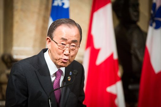 CANADA, Montreal: UN Secretary-General Ban Ki-moon delivers a speech as part of his meeting with Montreal mayor Denis Coderre, in Montreal, on February 12, 2016. Ban welcomed a plan to cease hostilities in war-wracked Syria that would allow humanitarian aid to reach tens of thousands clinging to life.