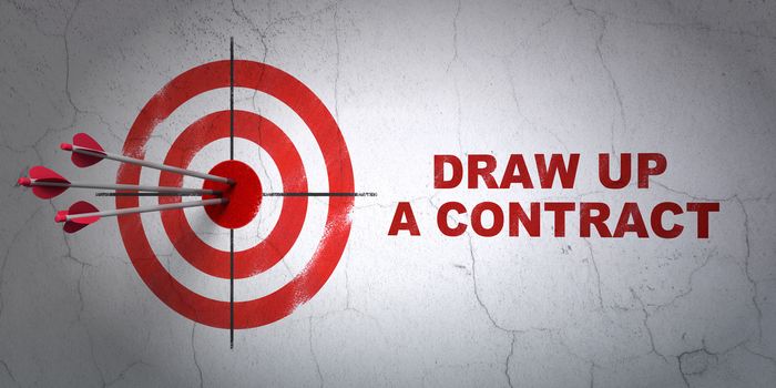 Success law concept: arrows hitting the center of target, Red Draw up A contract on wall background