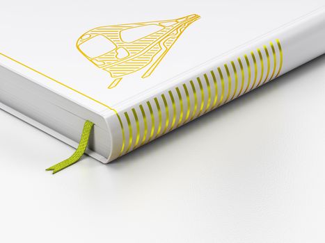 Vacation concept: closed book with Gold Train icon on floor, white background, 3d render