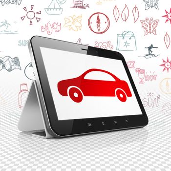 Travel concept: Tablet Computer with  red Car icon on display,  Hand Drawn Vacation Icons background