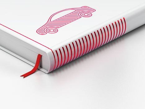 Vacation concept: closed book with Red Car icon on floor, white background, 3d render