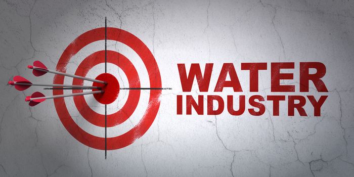 Success Industry concept: arrows hitting the center of target, Red Water Industry on wall background