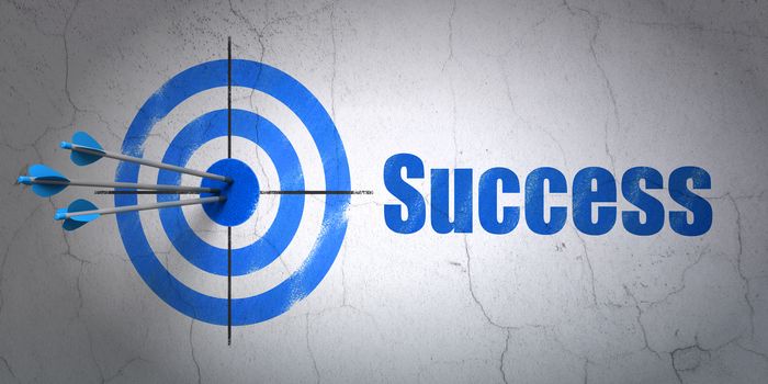 Success finance concept: arrows hitting the center of target, Blue Success on wall background