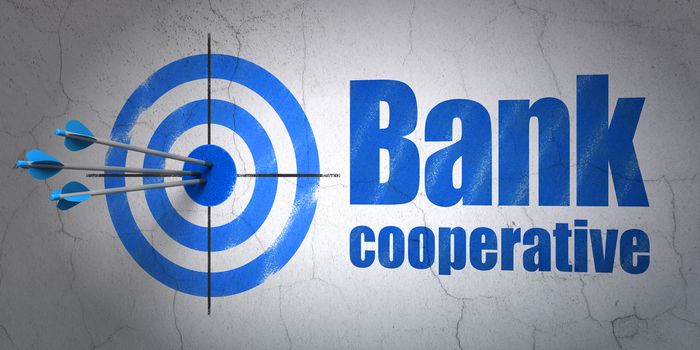 Success banking concept: arrows hitting the center of target, Blue Bank Cooperative on wall background