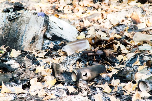 burned trash in the woods among the leaves