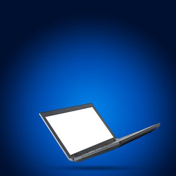 Black laptop with blank screen on blue background