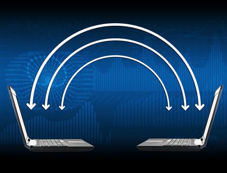 Black laptop with arrows and charts on blue background