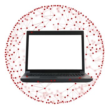 Laptop with blank screen on white background with red dots