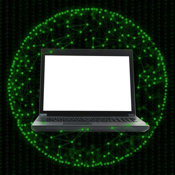 Laptop with blank screen on grey background with green dots