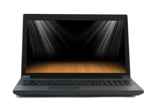 Black laptop with picture of stadium on isolated white background