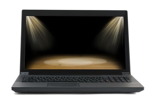 Black laptop with picture of stadium on isolated white background