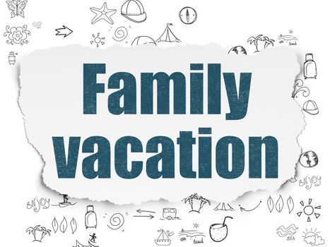Vacation concept: Painted blue text Family Vacation on Torn Paper background with Scheme Of Hand Drawn Vacation Icons