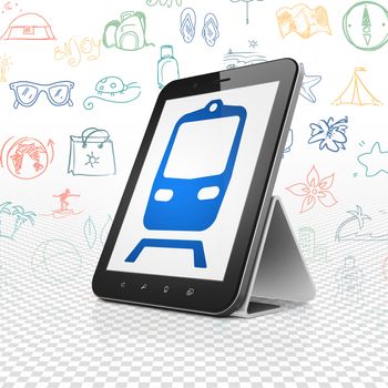Travel concept: Tablet Computer with  blue Train icon on display,  Hand Drawn Vacation Icons background