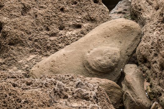 Abstract view on a stone among the rocks at the seashore, which is looking like a head of an animal.