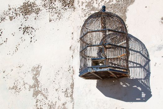 Empty stylish bird cage hanging on the old wall.