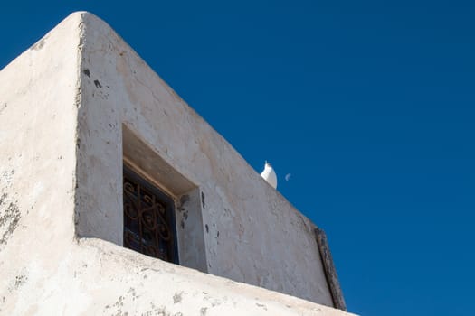 Top floor of an old house. Seagull sitting on the roof. Blue sky with a moon.