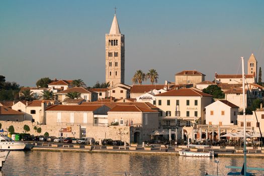 Rab, Croatia - August 9, 2015: View of the town of Rab, Croatian tourist resort famous for its four bell towers.