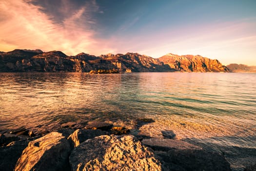 Panorama of Lake Garda (Italy) near the town of Malcesine called "the pearl of the lake".