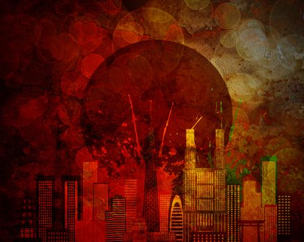 Tokyo Japan City Skyline and Flag Panorama in Hong Kong Flag Grunge Texture Background Color Illustration