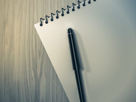 Blank note paper with pen. on wood background, business object.