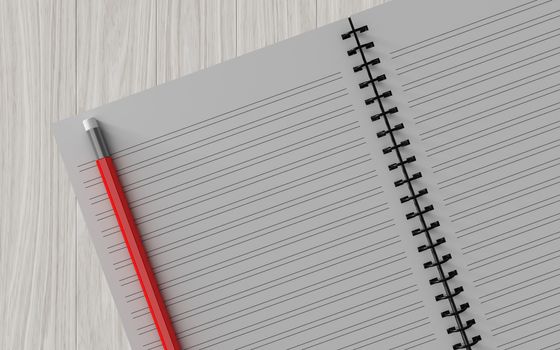 pencil on checked notebook on wood background, stationary object