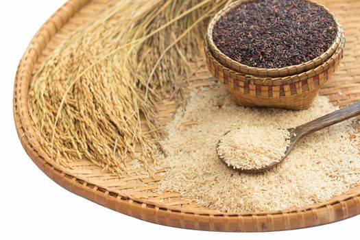 brown rice  and paddy rice on bamboo background