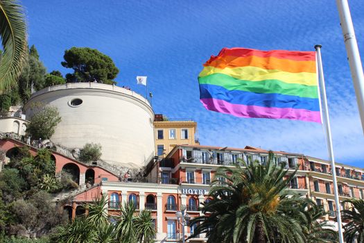 Nice, France - September 18 2015: Rainbow Flag in front of the Nice Castle in Nice, France
