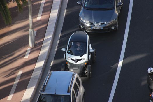 Nice, France - November 30 2015: Aerial View of a Renault Twizy Electric City Car at Nice. Two Passengers Electric Vehicle Designed by Renault