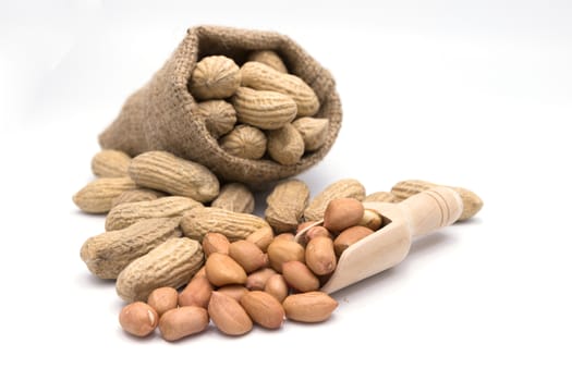 Peanut in Gunny Bag on white background